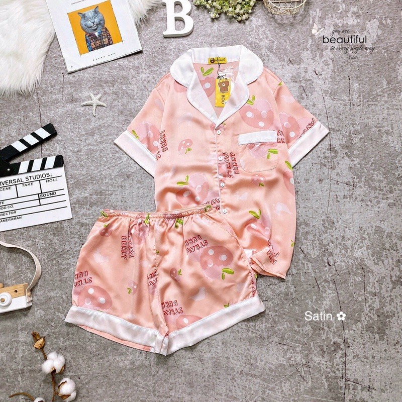 🌸Freeship🌸 Đồ Bộ Pijama Lụa Satin Hoạ Tiết Dễ thương Mặc Nhà Thoải Mái Mát Mẻ