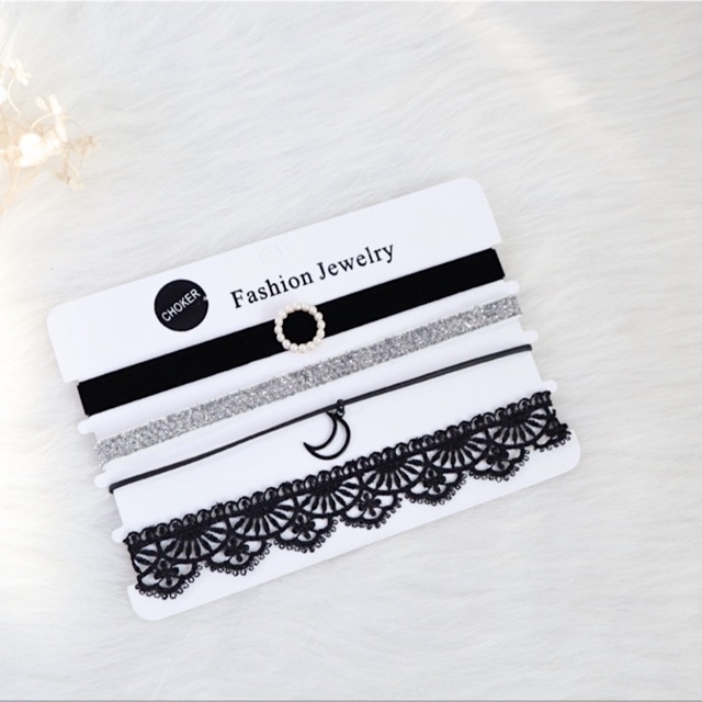 Set choker đen &amp; bạc siêu cưng
