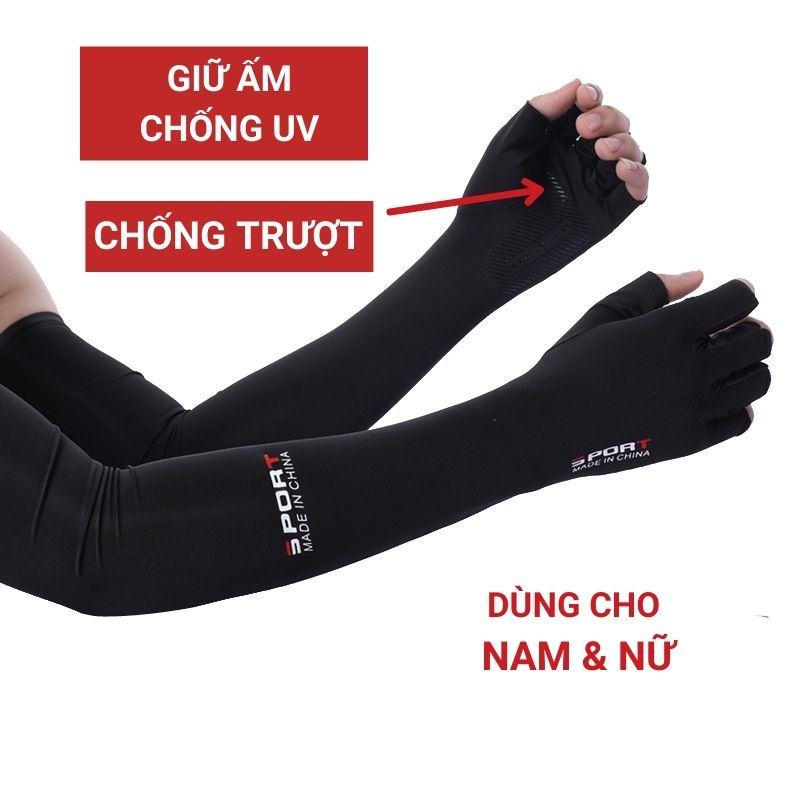 Bao tay chống nắng nam nữ SPORT găng tay đi nắng nữ xỏ ngón có vân chống trượt JUSTFIT STORE