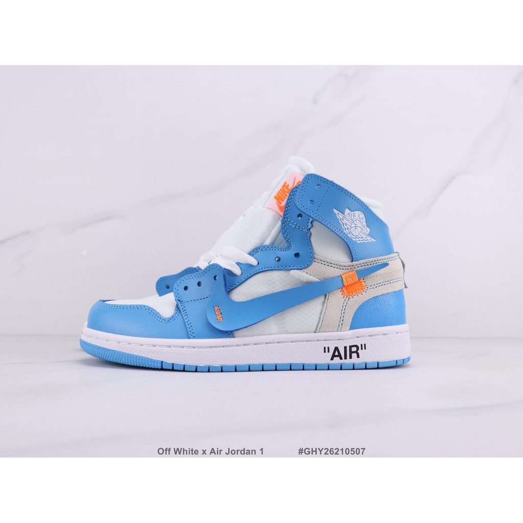 Off White x Air Jordan 1 joint model Jordan 1 high-top sneakers North Carolina blue cowhide material Size: 36-45 Women's and Men's Sports Running Shoes Sneakers