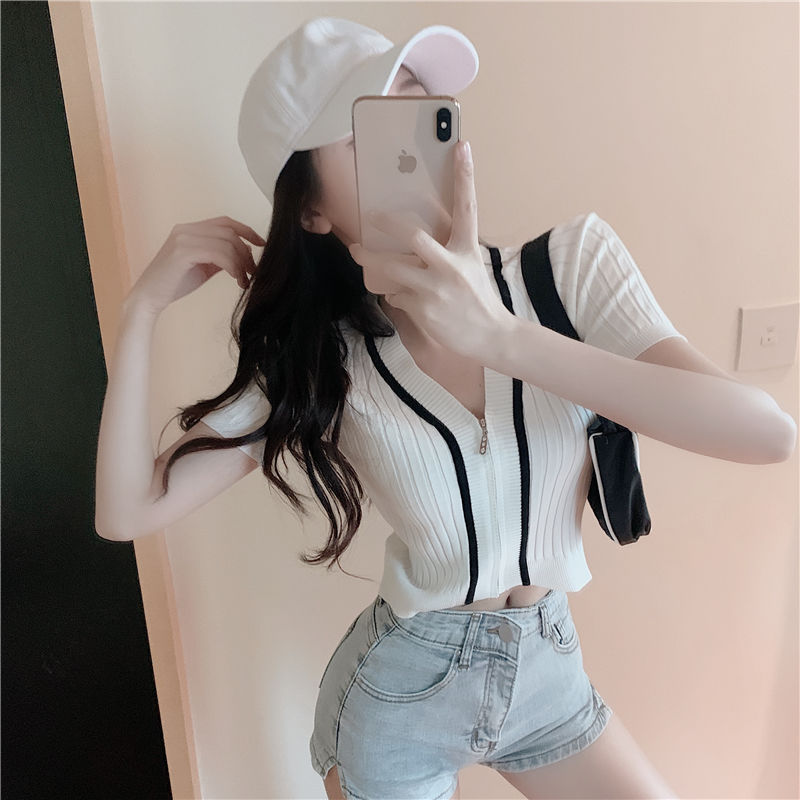 Áo tay ngắn cổ chữ V phối khóa kéo thời trang mùa hè dành cho phái nữ