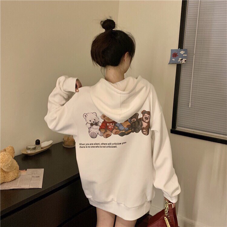 Áo hoodie nữ form rộng 2N Unisex nỉ bông in hình 5 gấu bông màu đen/be