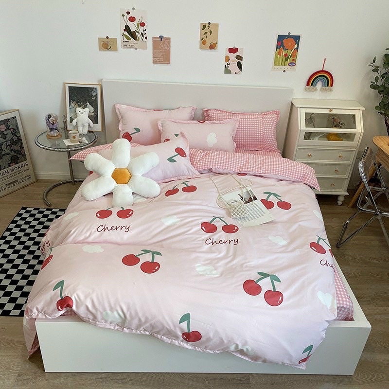 Bộ chăn ga Poly nhập khẩu chần bông mẫu Cherry