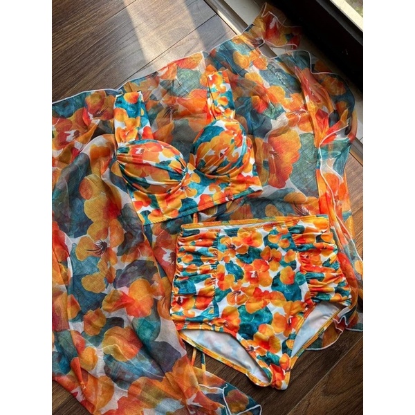 Set Bikini + Khăn Voan Hoạ Tiết Hoa Lá Hot 2023 Bikini Emma