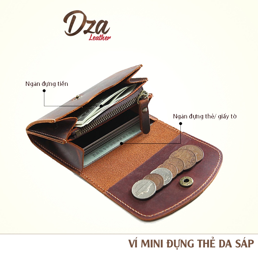 Bóp ví mini đựng tiền và thẻ da sáp nam nữ cao cấp nhỏ gọn sang trọng, ví da thật phong cách vintage Dza leather