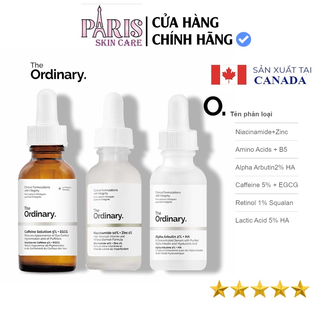 The Ordinary Bộ Sưu Tập Tinh Chất Niacinamide Alpha Arbutin Caffeine Lactic Acid Retinol 30ml