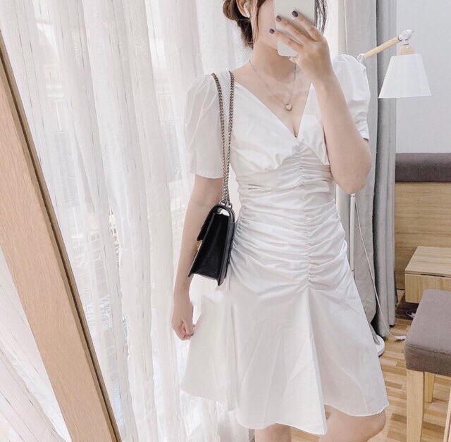 Đầm trắng 🎄FREESHIP 🌵Đầm suông trắng nhún ngực