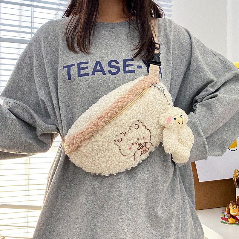 Túi Đeo Chéo Ngực Bằng Lông Cừu Thêu Hình Gấu Kiểu Vintage Nhật Bản Thời Trang 2020 Xinh Xắn