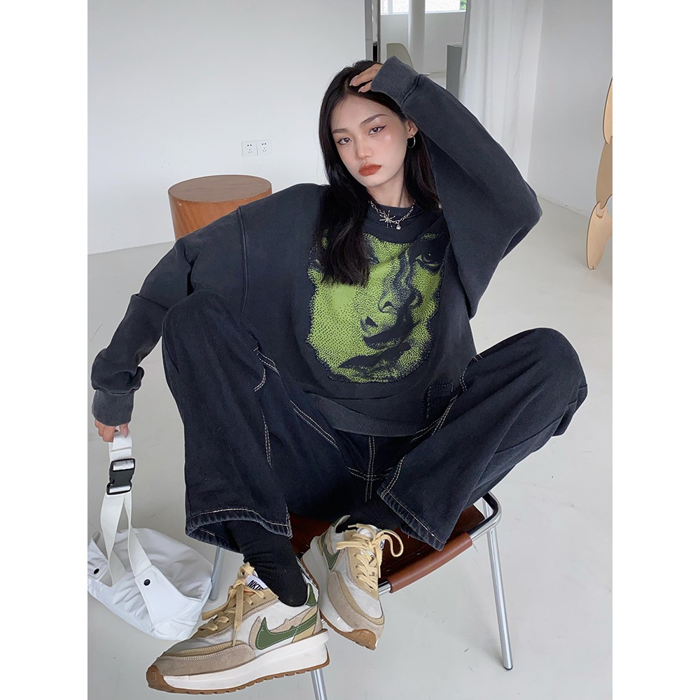 Áo sweater cổ tròn dáng rộng phong cách hip hop trẻ trung cho cặp đôi