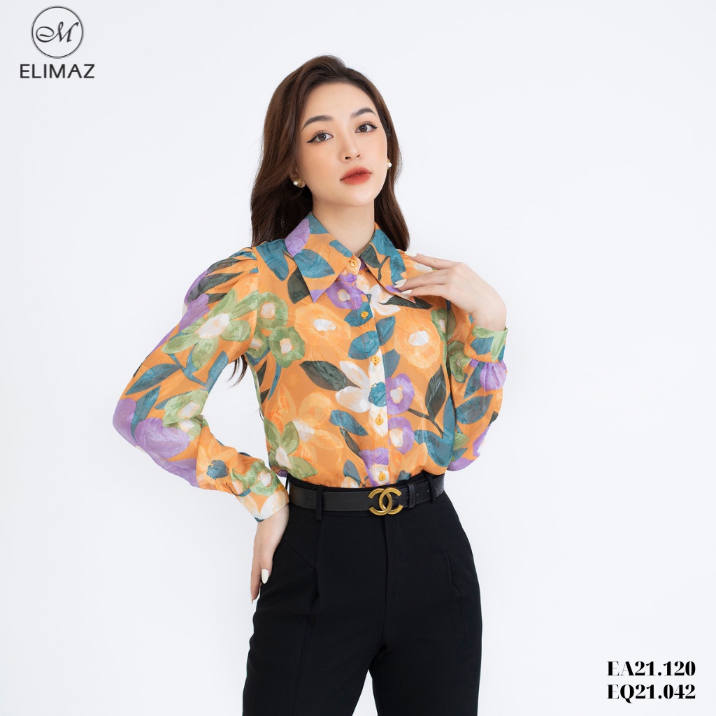 Áo so mi nữ công sở công sở Elimaz cổ nhọn hoa tím nền cam EA21.120
