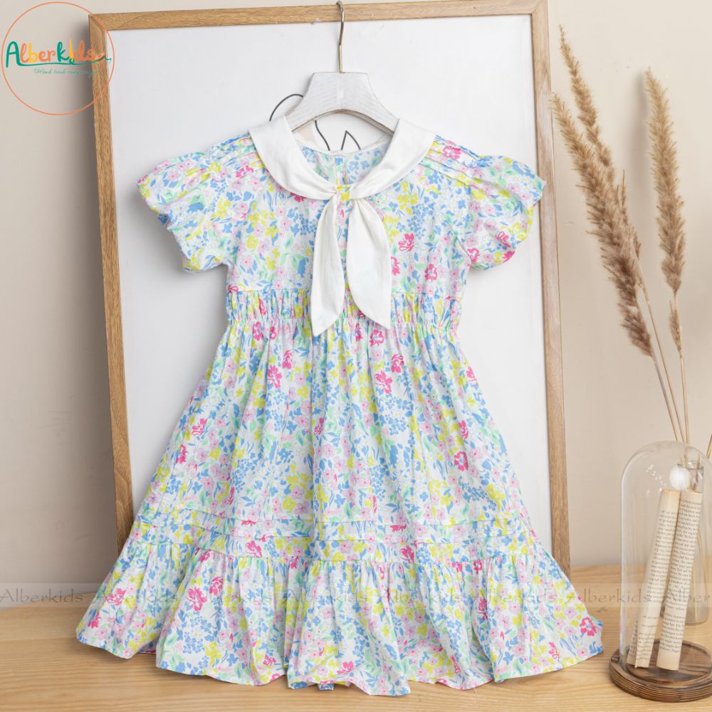 Váy bé gái ALBERKIDS  Liin Dress hoạ tiết hoa cổ nơ công chúa cho trẻ em từ 2,3,4,5,6,7,8,9,10 tuổi [V88]