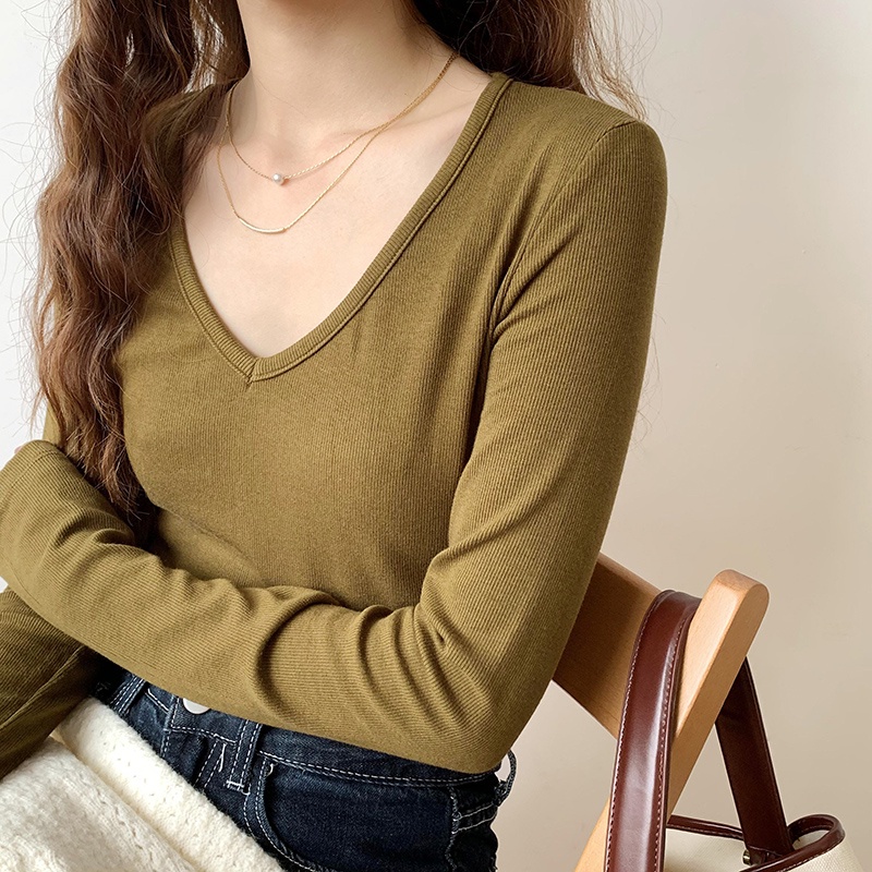 Áo dệt kim tay dài cổ chữ V phong cách mới 46141