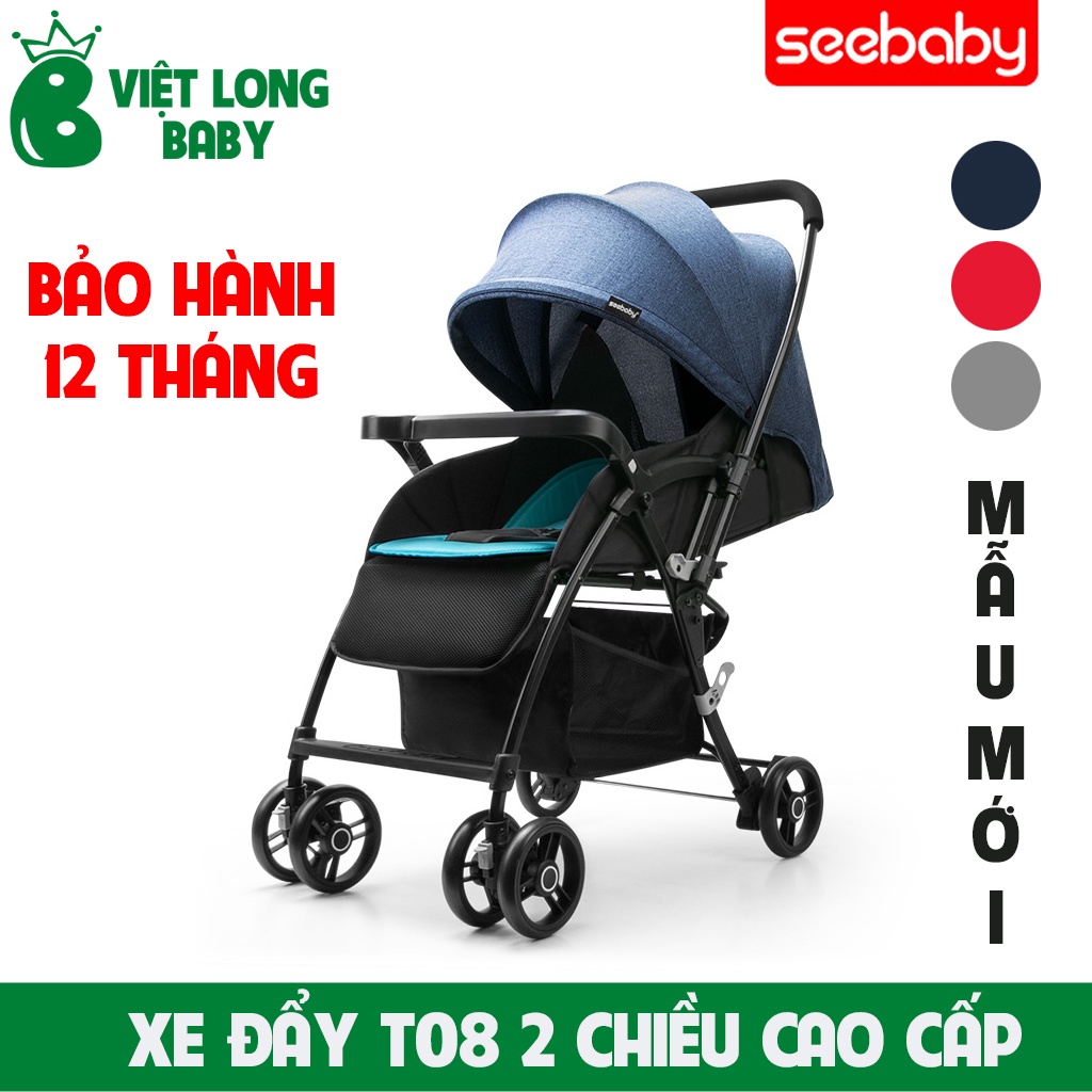 Xe đẩy 2 chiều Seebaby T08 mẫu mới 2020 có lò xo chống xóc kèm đệm, màn che