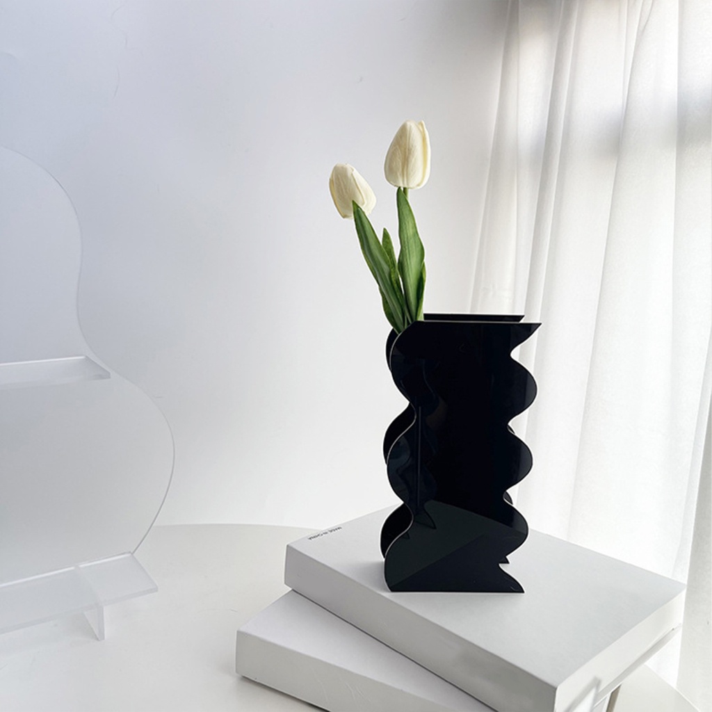 Lọ Hoa Bằng Thủy Tinh Acrylic Màu Đen Hình Sóng Dùng Trang Trí Nhà Cửa