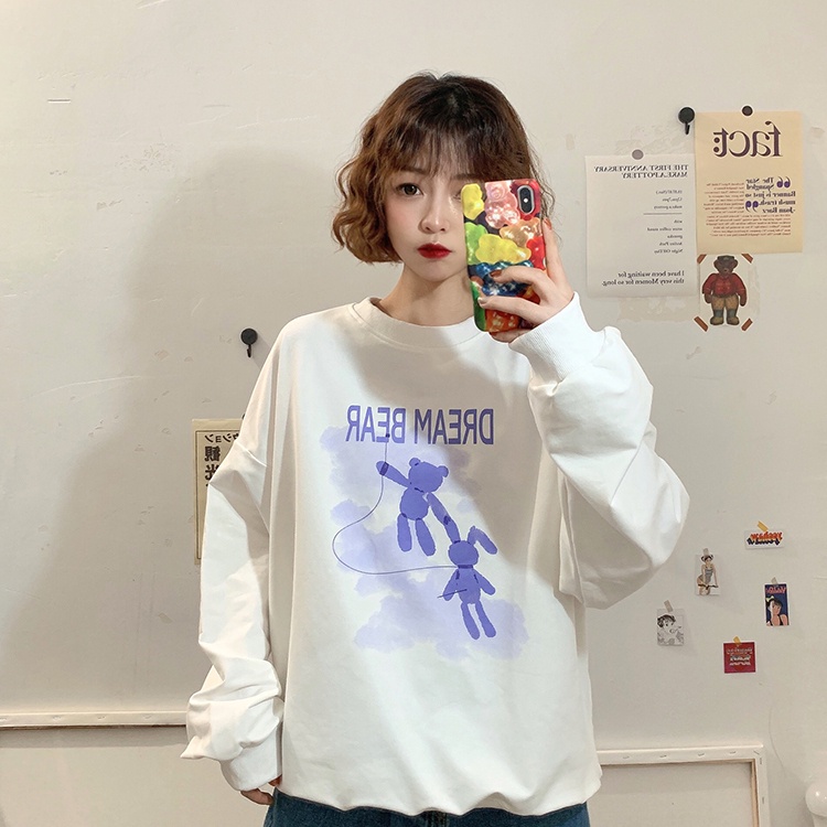 ZHELIHANGFEI Áo Sweater Dáng Rộng Họa Tiết Gấu Hoạt Hình Xinh Xắn