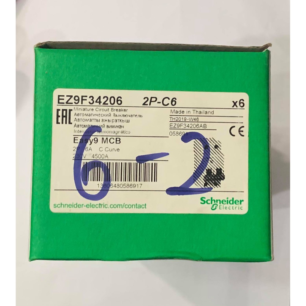 Át 2 pha 6A EZ9F34206, Attomat Schneider hàng hãng
