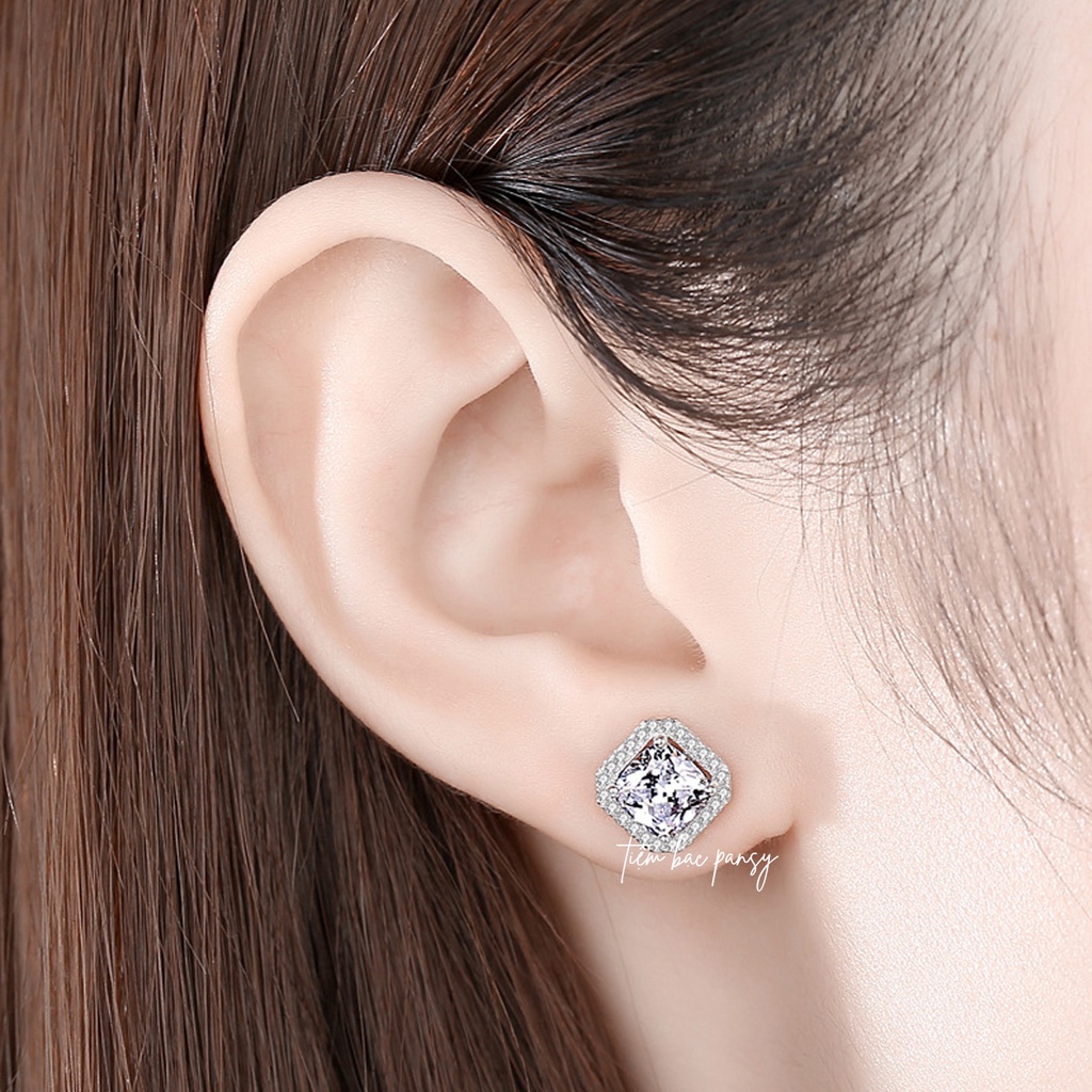 Bông tai bạc nữ PANSY mặt vuông nạm đá sang trọng - Khuyên tai nữ bạc ta thật cao cấp