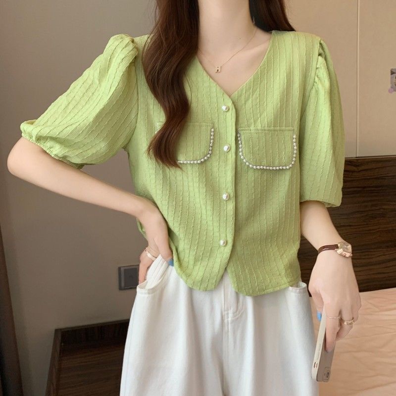 Áo Sơ Mi Ngắn Tay Cổ Chữ V Đính Ngọc Trai Thời Trang Mùa Hè Mới