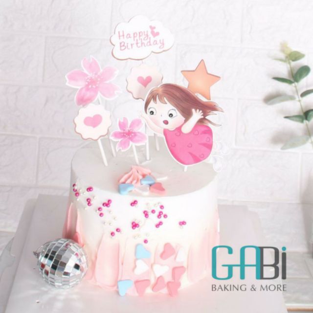 Topper giấy hình bé gái váy hồng