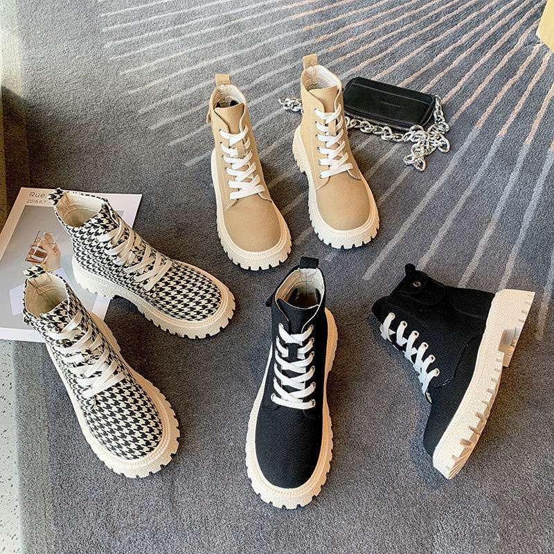 Oeggeo Giày Bốt Martin Cổ Ngắn Buộc Dây Kẻ Sọc Thiết Kế Cá Tính Cho Nữ