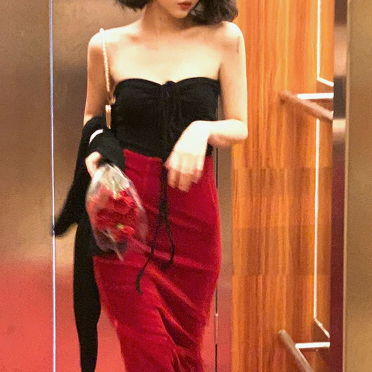 Chân váy nhung COZOK lưng cao phối ren phong cách cổ điển thời trang thu đông cho nữ