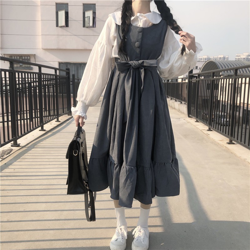 Váy đen thắt nơ lưng xoè tầng ulzzang lolita phong cách Nhật Bản mùa hè thu xuân cực xinh (ảnh thật cuối)