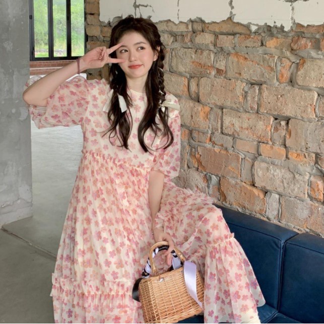 Sẵn - Đầm Babydoll | Đầm Babydoll Hoa Nhí Hồng Dáng Dài Xòe Rộng Tay Phồng Xinh Xắn Ulzzang Hàn Quốc, Váy Maxi Dáng Xòe