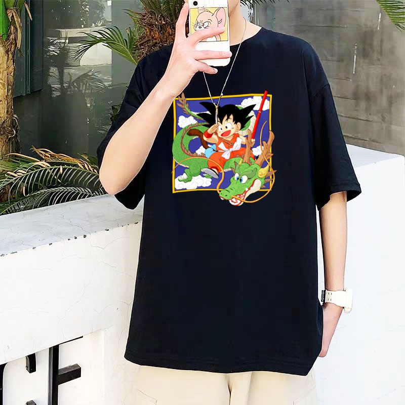 Áo thun nam nữ Songoku Cưỡi Rồng có size lớn dáng tay lỡ oversize màu đen basic vải mềm mịn