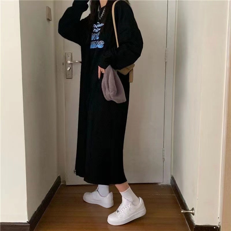 Đầm Nỉ Nữ Dài Tay Cổ Tròn Form Dài Rộng Thời Trang Hàn