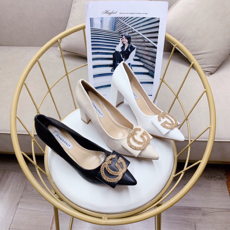 Giày cao gót da lì mũi nhọn gót vuông 7p tag CG đá vàng sang chảnh hàng VNXK cao cấp