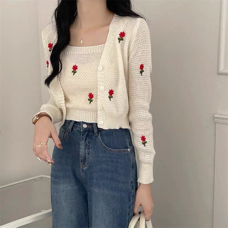 Set Cardigan Có Áo 2 Dây Bên Trong Thêu Hoa Ở Áo Thêu Hoa Ở Áo Phong Cách Hàn Quốc