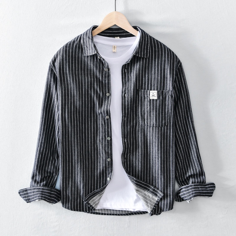 Áo Sơ Mi Cotton Dáng Rộng Tay Dài Kẻ Sọc Chải Được Retro Nhật Bản Mặc Vào Mùa
