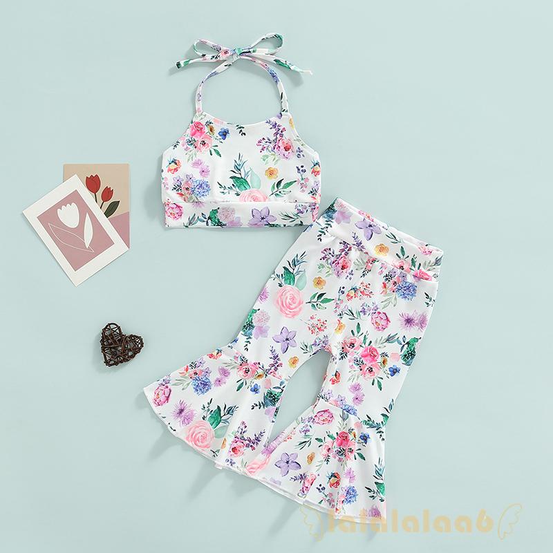 Set Áo Croptop Cổ Yếm + Quần Dài Lưng Cao Họa Tiết Hoa Thời Trang Cho Bé Gái