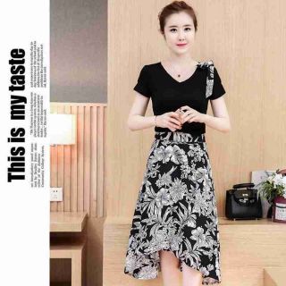 Đầm maxi xòe dự tiêc hoa biển nơ vai
