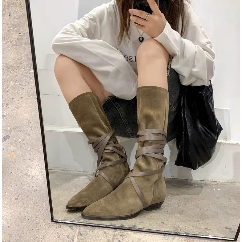 Boot da lộn buộc dây vintage chất nhung mịn mềm