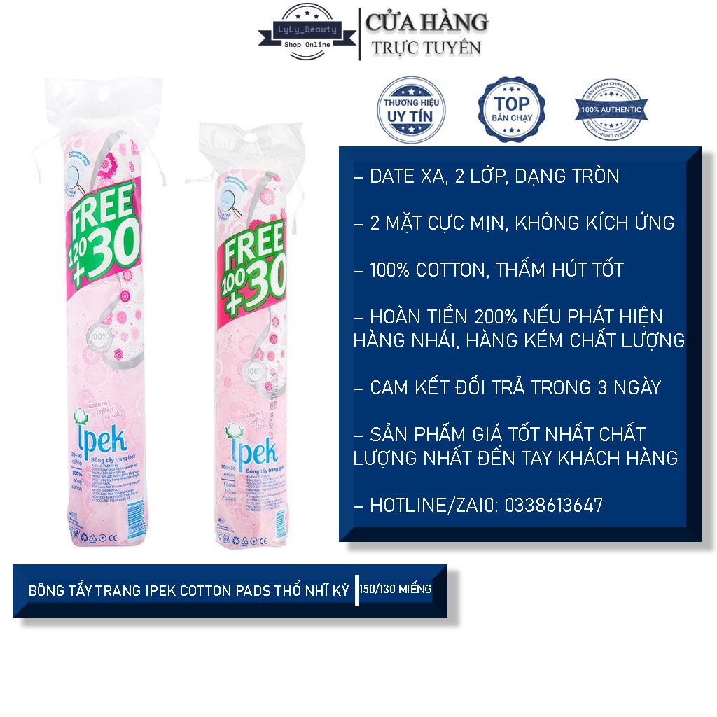 Bông tẩy trang Ipek Thổ Nhĩ Kỳ 150 miếng, BTT Cotton Pads dạng tròn 2 mặt riêng biệt, thấm hút tốt, không kích ứng da | BigBuy360 - bigbuy360.vn