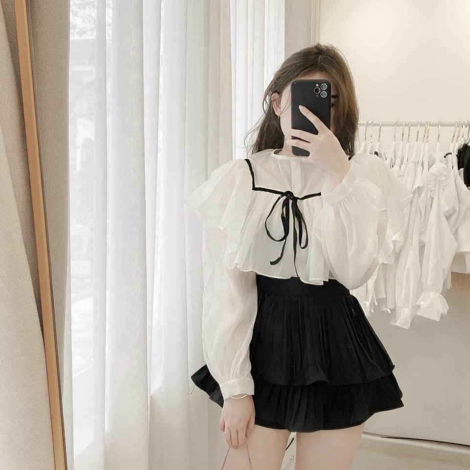 áo kiểu bèo viền đen nơ tay phồng bánh bèo xinh