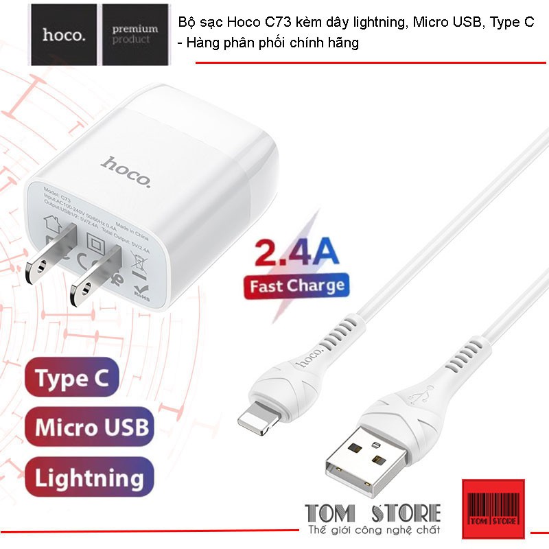 [Mã 2404EL10K giảm 10K đơn 20K] Bộ sạc Hoco C73 kèm dây lightning, Micro USB, Type C - Hàng phân phối chính hãng