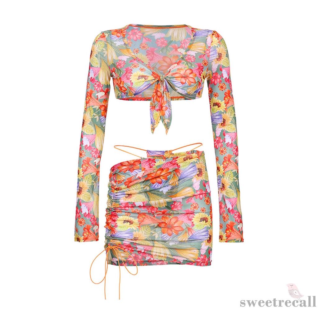 Bộ đồ 2 món áo croptop tay dài cổ chữ V buộc dây in họa tiết hoa + chân váy dây rút thời trang đi biển cho nữ | BigBuy360 - bigbuy360.vn