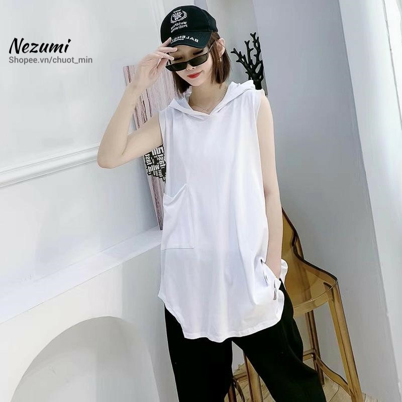 ÁO TANK TOP COTTON 95% UNISEX NAM NỮ CÓ MŨ RÁCH GẤU TẠO LAYER TÀ LỆCH ĐEN TRẮNG