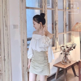 [HÌNH THẬT] Áo Bẹt Vai Tay Dài Thắt Nơ Vai Baby (TRẮNG+NUDE)