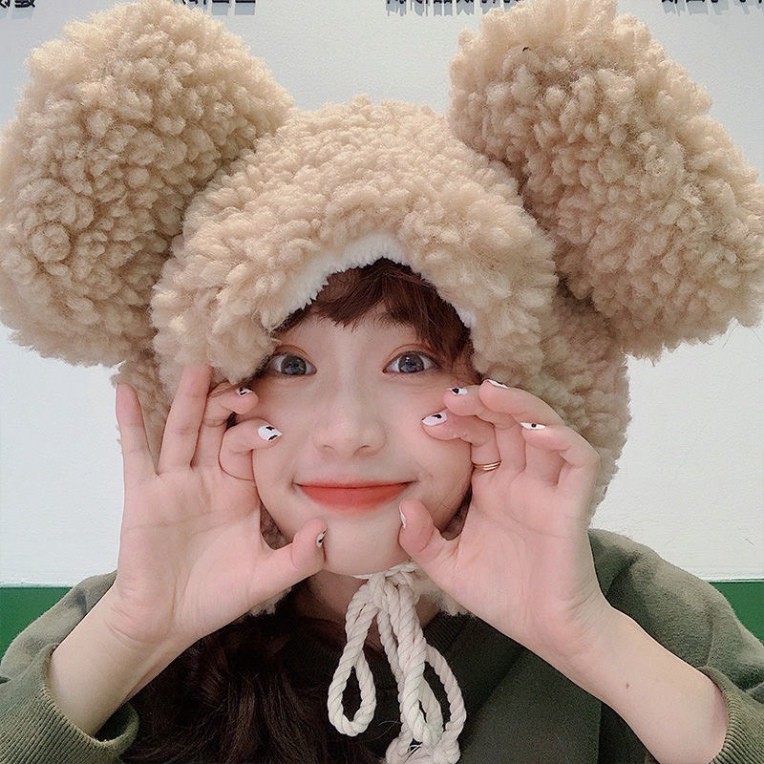 Mũ Lông Cừu Lót nỉ Kèm Tai Siêu Cute Dễ Thương Hàng Quảng Châu Cao Cấp