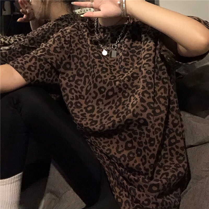 Áo thun COZOKC ngắn tay cổ tròn họa tiết da báo dễ phối đồ phong cách Hàn Quốc thời trang