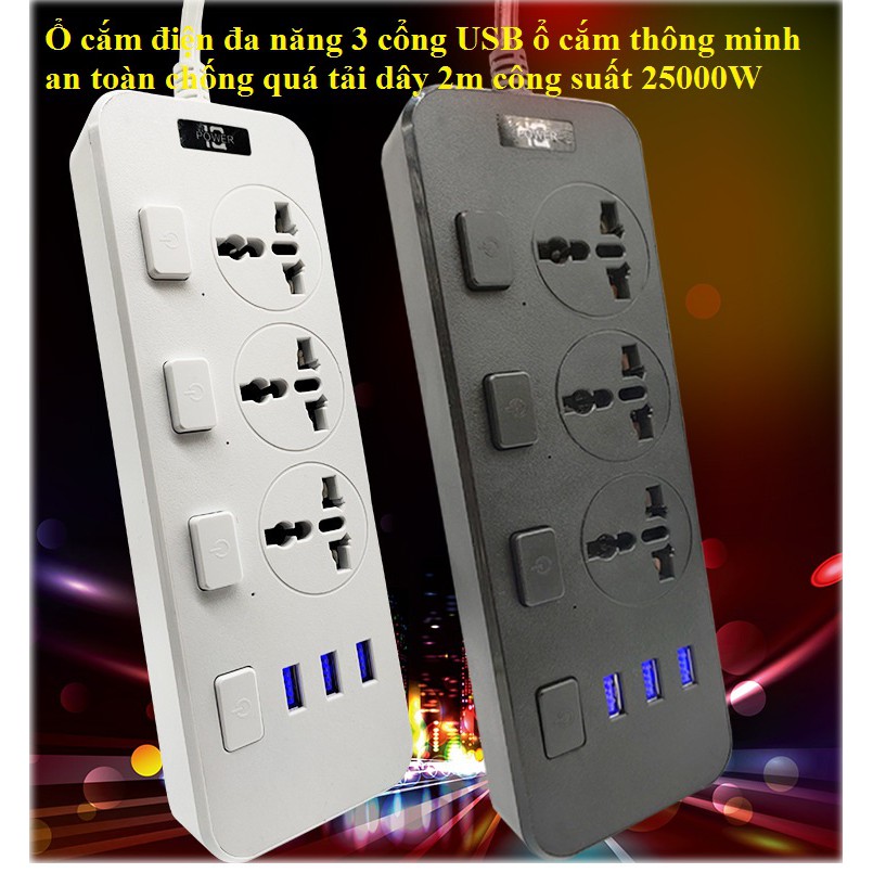 Ổ cắm điện thông minh 2500w Hỗ trợ sạc nhanh 3.1A/ Ô Cẳm Điện Đa Năng + Cổng USB tặng kèm hộp