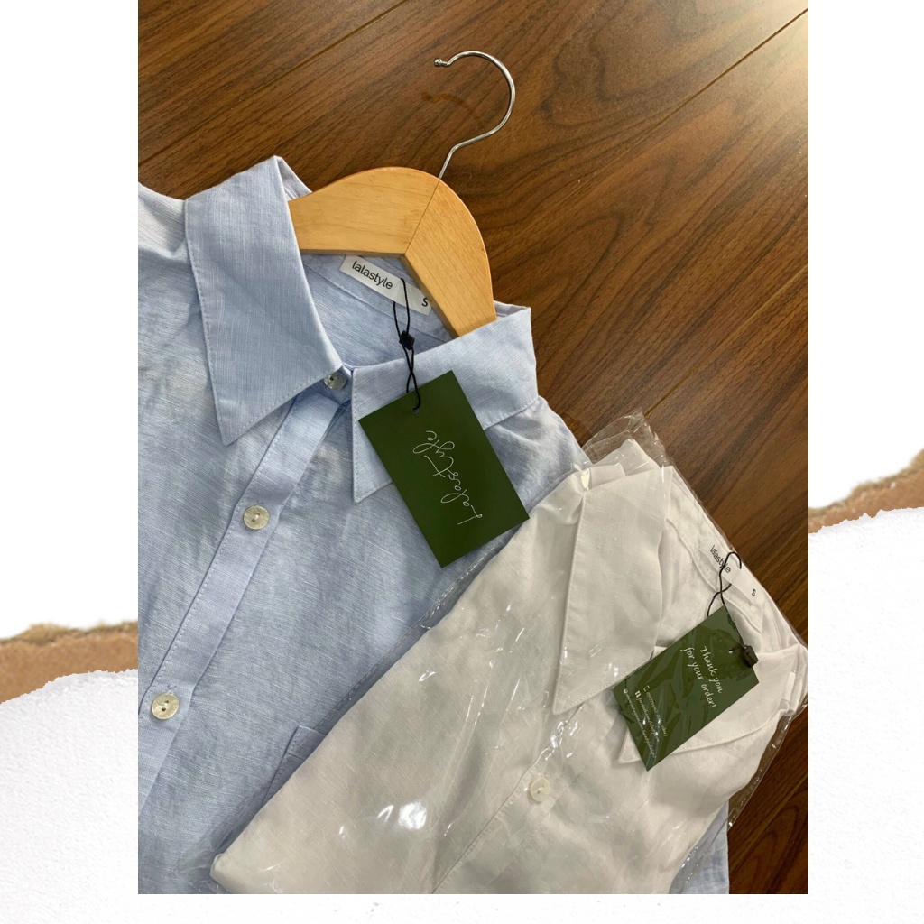 Áo sơ mi xanh nhạt linen thiết kế Lalastyle