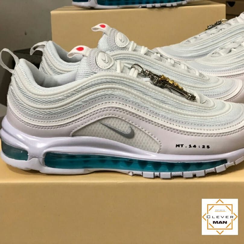 (FULLBOX - TẶNG MÓC KHÓA) Giày thể thao AIR MAX 97 &quot;Jesus shoes&quot; MSCHFx INRI Trắng đế xanh dương