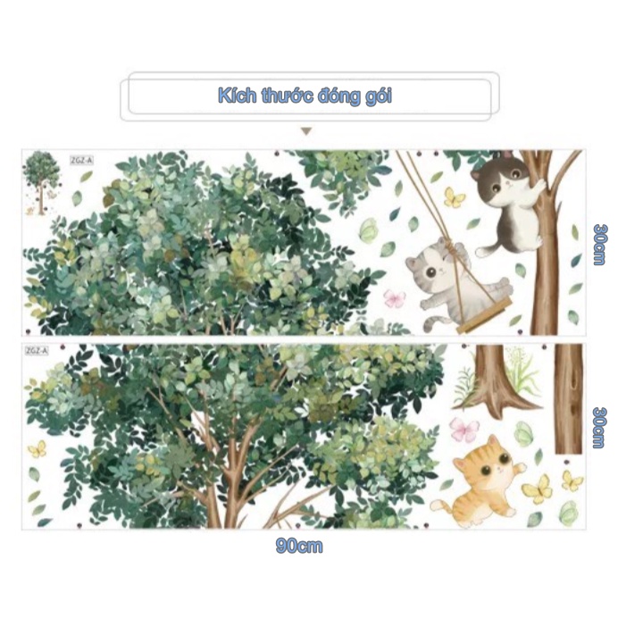 Decal trang trí tường - 3 chú mèo chơi xích đu xung quanh cây