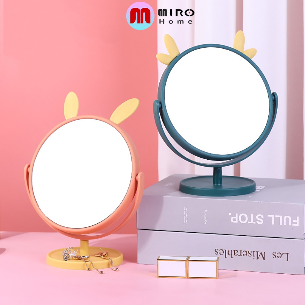 Gương tai mèo để bàn có đế đựng mỹ phẩm tiện lợi, xoay 360 độ MIROHOME