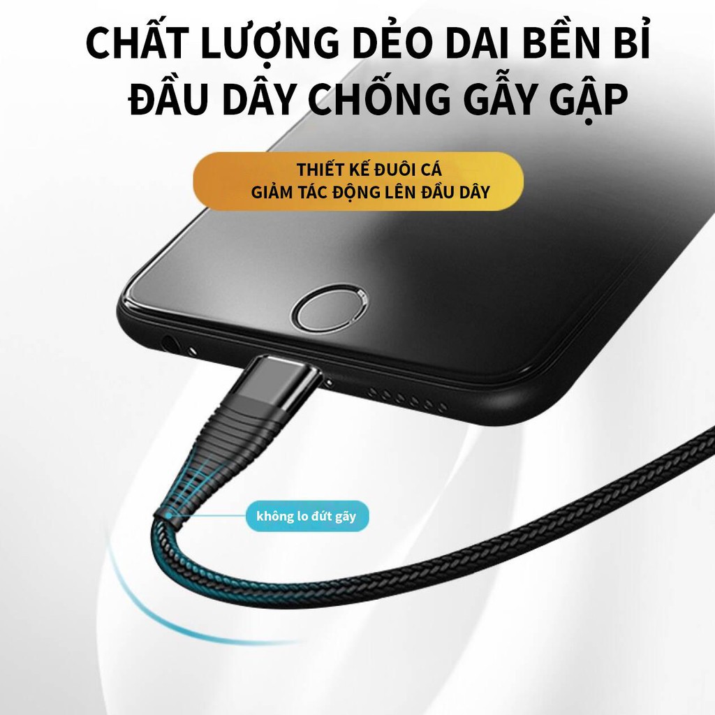 [SẠC NHANH] Dây Cáp Sạc Chống Rối Cực Bên Dành Cho Điện Thoại iphone/micro/usb/type C- có thể truyền dữ liệu BH 1 năm