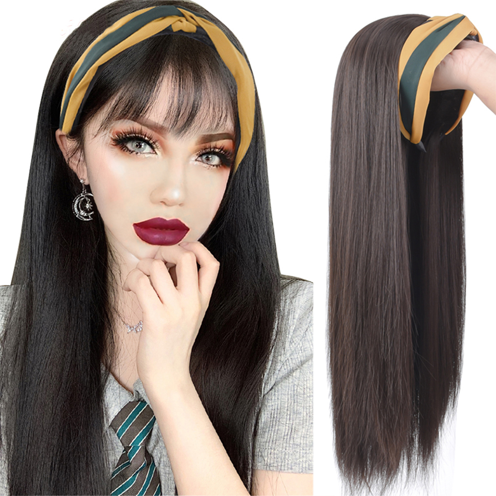 Tóc Giả Nữ Dài Thẳng Màu Đen Tự Nhiên Kèm Băng Đô